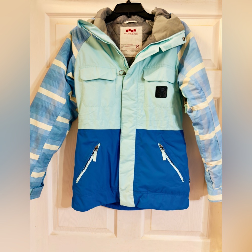 Foursquare Snowboard Ski Snow Houndstooth Jacket Unisex Hood Zip Size S, EUC